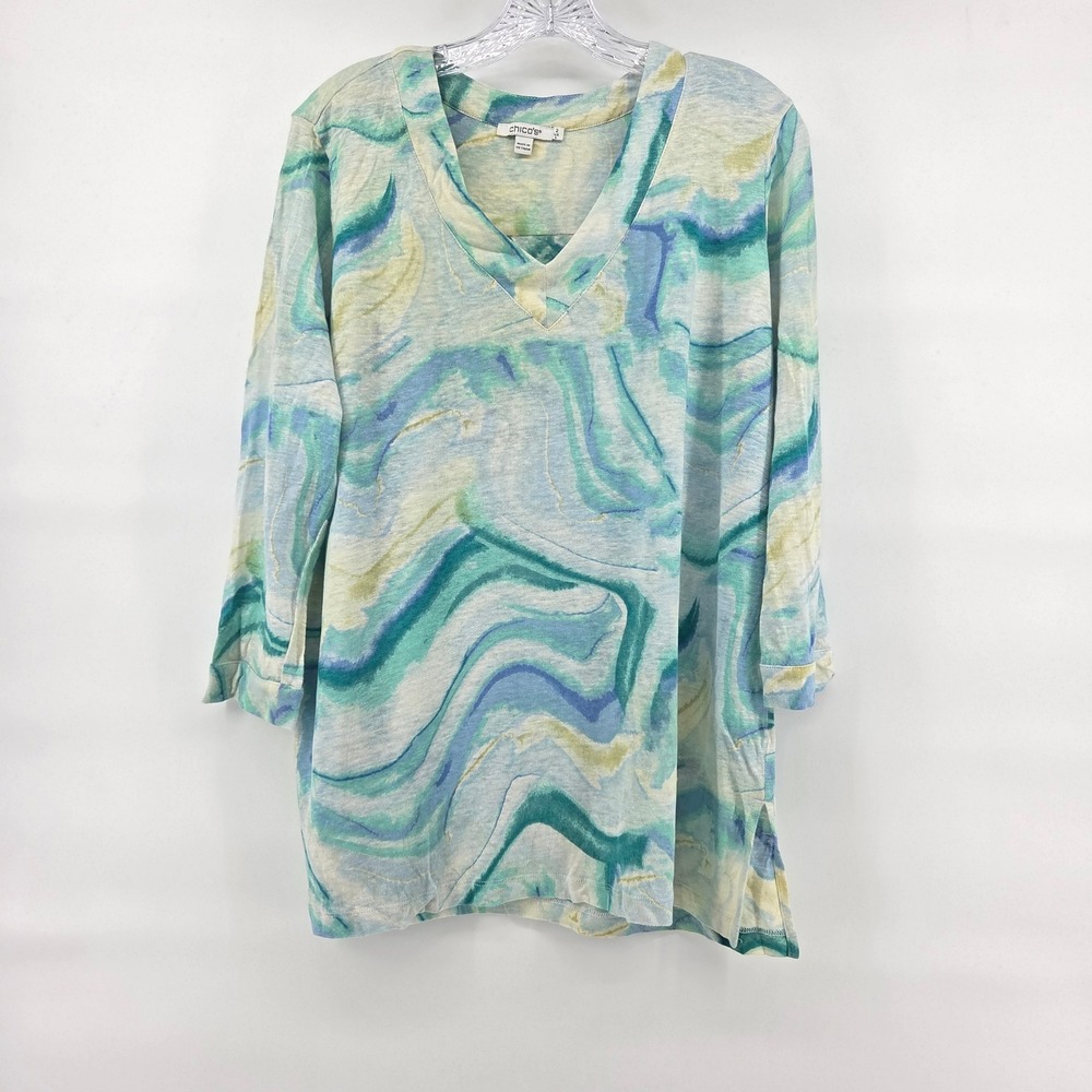 Chico's Linen Tunic Top Size 2 L Blue Green Marble Art-inspired Eclectic Boho‎